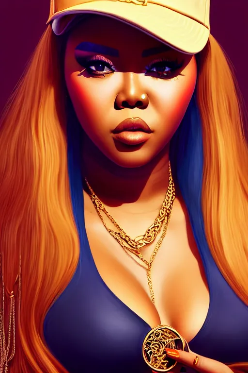 Prompt: portrait of young lil Kim rapper, Brooklyn background, highly detailed and rendered gold jewelry, digital art, intricate, sharp focus, Trending on Artstation, HQ, unreal engine 5, 4K UHD image, by brom, artgerm, face by Otto Schmidt