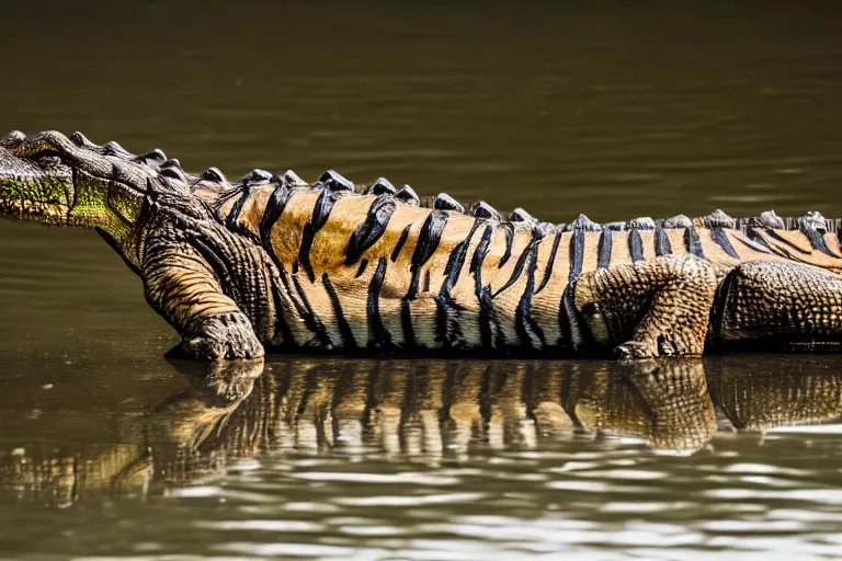 Image similar to an alligator tiger!!! hybrid! hyper realistic!! realistic lighting!! wildlife photographer of the year!!! bold natural colors, national geographic, hd, wide angle, 8 k