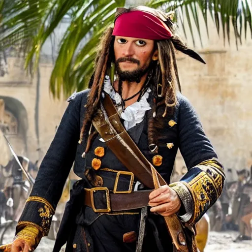 Image similar to photo of emmanuel macron in pirates of the caribbean movie, full body shot, sharp focus, award - winning