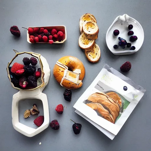 Prompt: “architectural flatlay of berries, crystals, bagels, weeds”