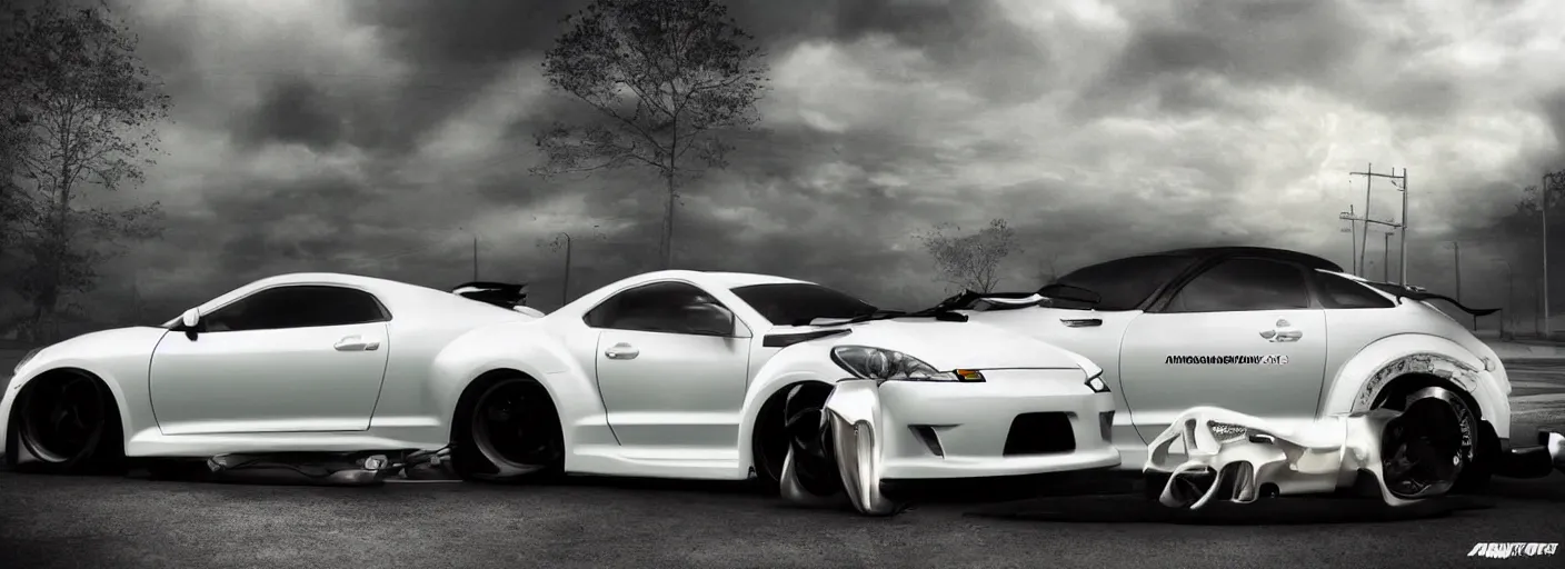 Prompt: a car and driver magazine photo countryside road of a white pearl 2004 Mitsubishi eclipse heavily modified and customized as a performance tune street racing, black rims, samurai vinyl wrap, cinematic lighting, art station, volumetric light, low angle camera, redshift render, octane render, art station