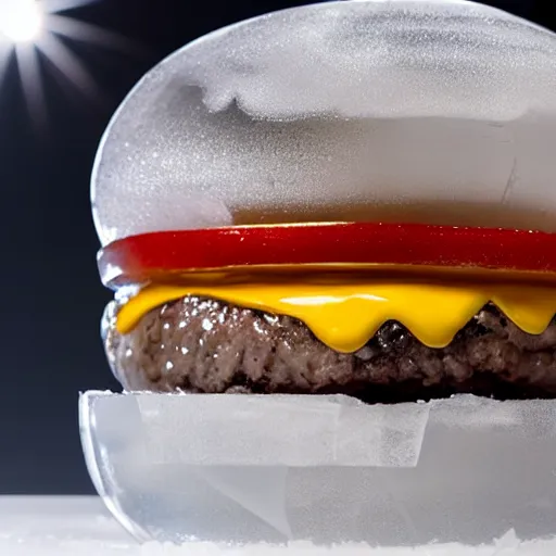 Image similar to a clear ice sculpture of a burger made entirely of ice, 4 k