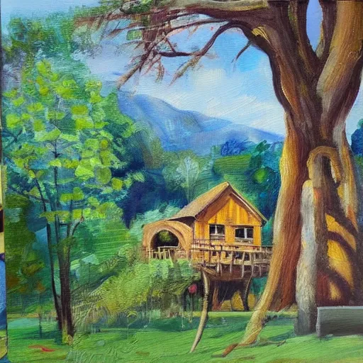 Image similar to treehouse in the countryside on a sunny day, peaceful, dreamy, brush strokes, oil painting