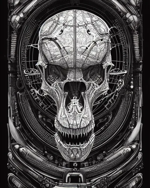 Prompt: intricate mechanical robot trex dinosaur skull, transformer, symmetrical illustration, bold line symmetrical illustration by peter gric, hr giger, kim jung gi, joe fenton, scifi, screen print, trending on art station, sharp, high contrast, ultrafine hyper detailed,