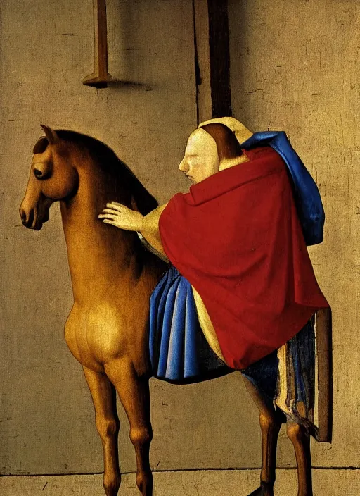 Image similar to wooden toy of a horse, medieval painting by jan van eyck, johannes vermeer, florence