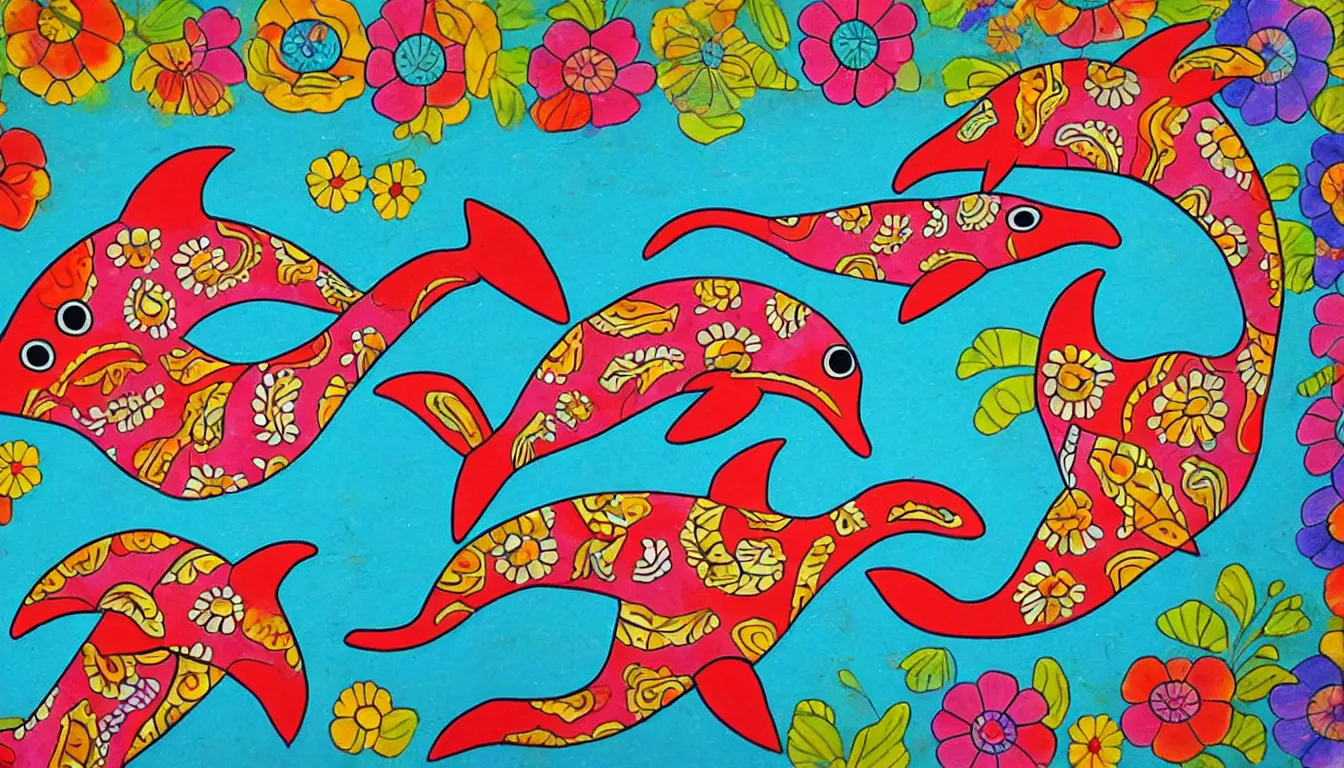 Image similar to a dolphin in the style of mexican folk art