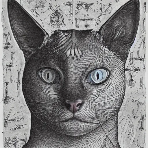 Image similar to siamese cat cow hybrid, anatomical drawings, hp lovecraft, old paper manuscript, fineline detail, cinematic quality, high octane