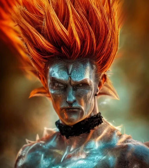 Prompt: award winning 5 5 mm close up portrait color photo of super saiyan trump, in a park by luis royo. fantasy horror style. soft light. sony a 7 r iv