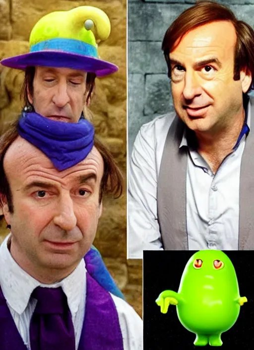 Prompt: saul goodman and a slime from dragon quest in a hogwarts bastions, goodman, slime, real life photo