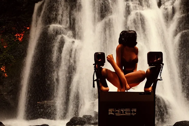 Image similar to beautiful woman robot sitting under a waterfall from, from 20XX, bathed in the glow of a crt television, tv screens in background, low-light photograph, in style of Tyler Mitchell