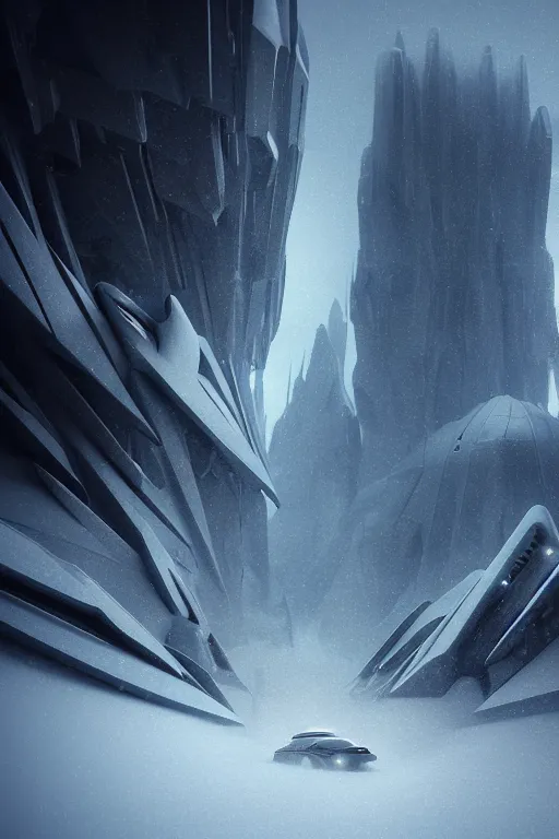 Image similar to futuristic atmosphere in the snowy mountains dolomites 3 d concept art, cinematic lighting, bladerunner scene, rule of thirds, depth of field, intricate details, building by zaha hadid, stormy weather, emissary space by arthur haas and bruce pennington and john schoenherr, cinematic matte painting, dark moody monochrome colors, trending on artstation, featured on behance