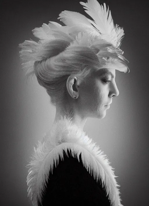 Image similar to a woman's face in profile, made of exotic swan feathers, in the style of the Dutch masters and Gregory Crewdson, dark and moody