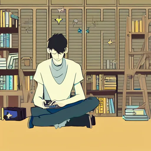 Image similar to a skinny computer nerd guy sitting on the floor of his room, crossed legs, laptop, smartphone, video games, tv, books, potions, jars, shelves, knick knacks, tranquil, star charts, calm, sparkles in the air, magic aesthetic, fantasy aesthetic, faded effect, by Studio Ghibli