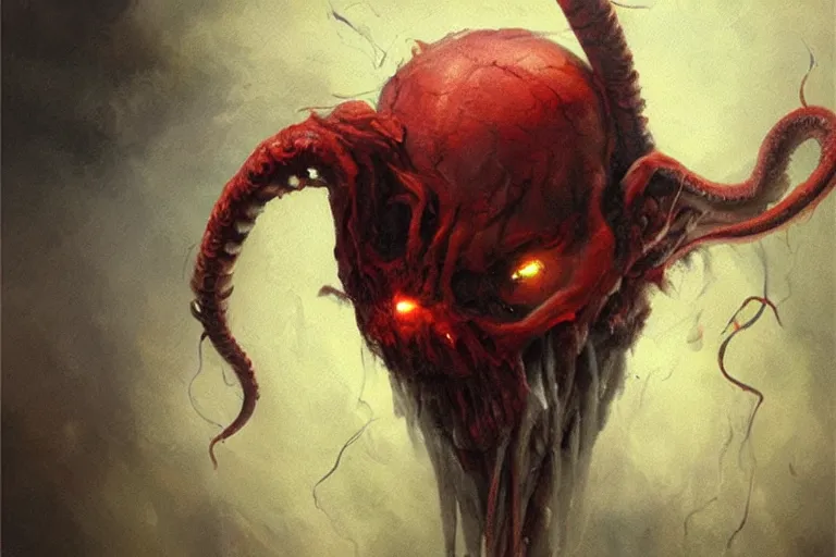 Image similar to painting by greg rutkowski of a flying crying human head and face that is chalk white in color, with tentacles coming of the neck, fiery red eyes, flying in a terrying hell like cavernous place