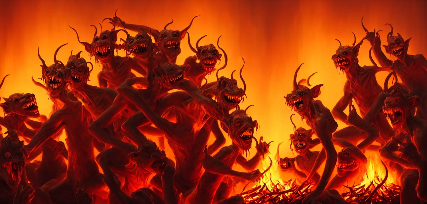 Prompt: oil matte painting, closeup portrait of ugly creepy goblins dancing around a bonfire in hell at ba rave cheering dancing beautiful cinematic light deep focus, elegant, digital painting, smooth, sharp focus, golden ratio, dramatic illumination, ultra realistic, 8 k, art by greg rutkowski wlop rossdraws