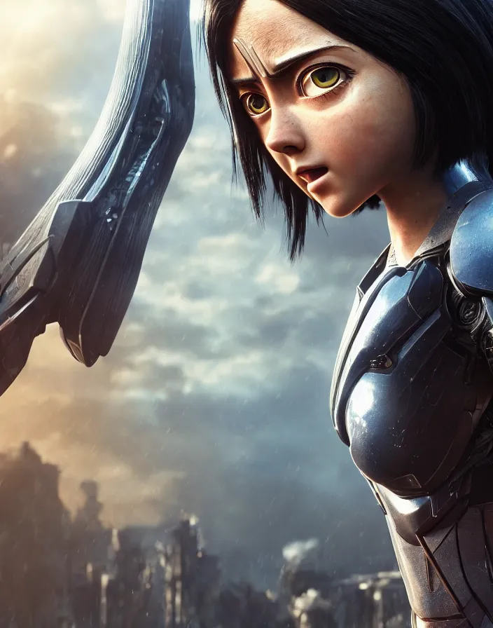 Prompt: alita battle angel. intricate artwork. octane render, trending on artstation, very coherent symmetrical artwork. cinematic, hyper realism, high detail, octane render, 8k, matte painting, 3d