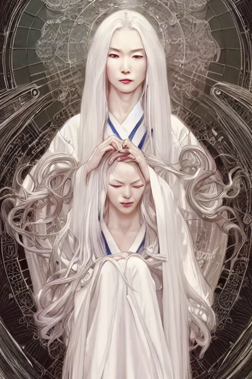 Image similar to Kaguya Ōtsutsuki, long white hair, white robe, D&D, fantasy, intricate, elegant, highly detailed, digital painting, artstation, concept art, matte, sharp focus, illustration, art by Artgerm and Greg Rutkowski and Alphonse Mucha