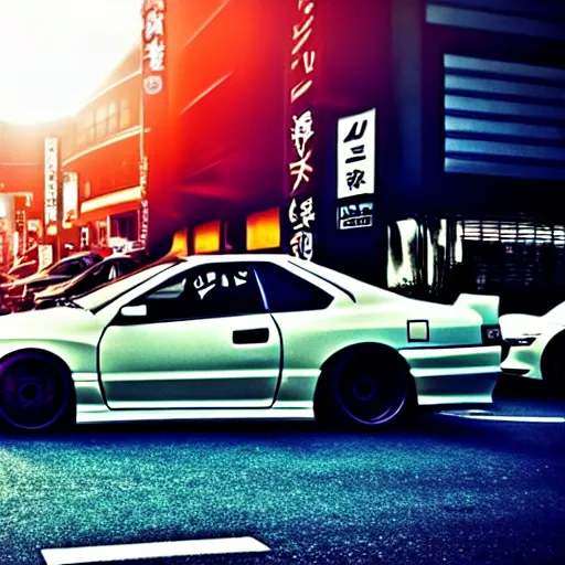 Image similar to a car Nissan Silvia at illegal car meet, Shibuya prefecture, city sunset, cinematic color, photorealistic, highly detailed