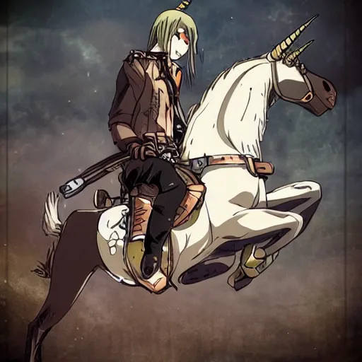 Image similar to reze from chainsaw man riding a unicorn, steampunk style