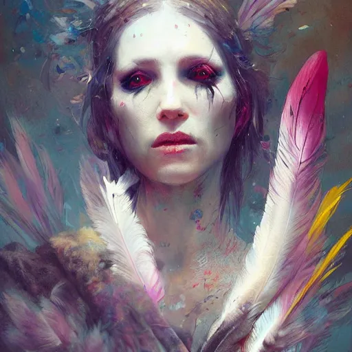 Image similar to painting of a pale witch dressed with feathers, illustration, artistic, colorful, hyper detailed, in the style of Greg Rutkowski,