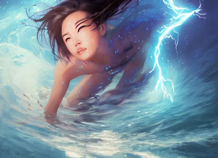 Image similar to seductive lee jin - eun running on water at super speed, emerging from multiversal galactic portal, splashes of lightning behind her, zooming past a small island, by ilya kuvshinov and peter mohrbacher and ruan jia, and m. k. kaluta, rule of thirds, coherent symmetry, close up, majestic, beautiful eyes