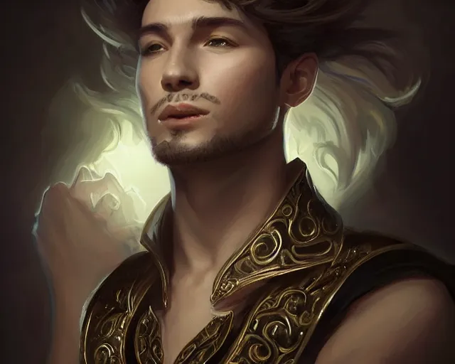 Image similar to a mind - blowing portrait of a young shadow mage male, wearing a vest with diamond pattern, joyful, d & d, fantasy, intricate, elegant, highly detailed, digital painting, artstation, concept art, matte, sharp, illustration, hearthstone, art by artgerm and greg rutkowski and alphonse mucha