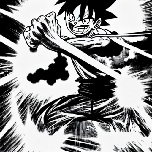 Image similar to luffy fighting goku, epic, awesome, spirit bomb, devil fruit, manga, battle