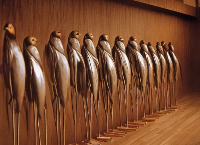 Prompt: realistic photo of the sparrows made of wood, polished and wooden, standing in the wooden room full of wood. displays are shiny 1 9 9 0, life magazine reportage photo