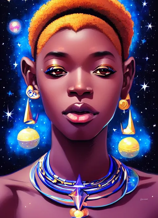 Image similar to a comic portrait of a cosmic african goddess with stars and clouds, fine - face, realistic shaded perfect face, fine details, jewelry, night setting. very anime style. realistic shaded lighting poster by ilya kuvshinov katsuhiro, magali villeneuve, artgerm, jeremy lipkin and michael garmash, rob rey and kentaro miura style, trending on art station