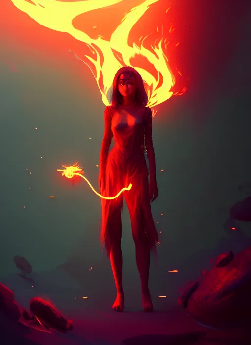 Image similar to satan daughter, wearing, outfit, clothes, full body, fire, hell, lightning, pyromancer, intricate, elegant, highly detailed, digital painting, artstation, concept art, smooth, sharp focus, illustration, ethereal, misty, by ilya kuvshinov and jeremy mann, 8 k, octane render