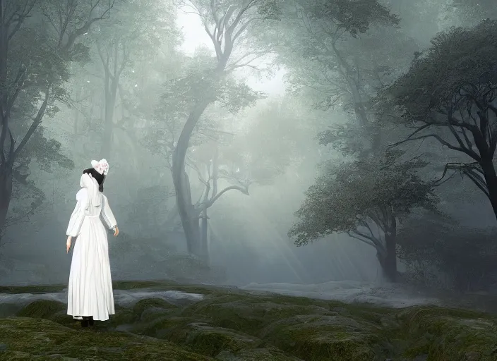 Prompt: a woman dressed in a white dress, seen from behind, in a magical forest, painted by, mc escher, gordon onslow ford, georgia o'keeffe and ivan aivazovsky, cinematic light, god rays, colourful, unreal engine, zbrush central,