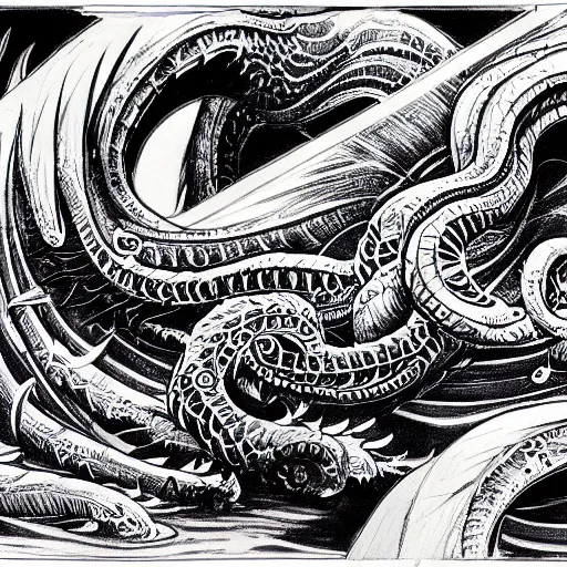 Image similar to black and white art deco style ink drawing of detailed A blue Kraken in the sea, highly detailed, fantasy art, in the style of greg rutkowski, illustration, epic, fantasy, intricate, hyper detailed, artstation, concept art, smooth, sharp focus, ray tracing