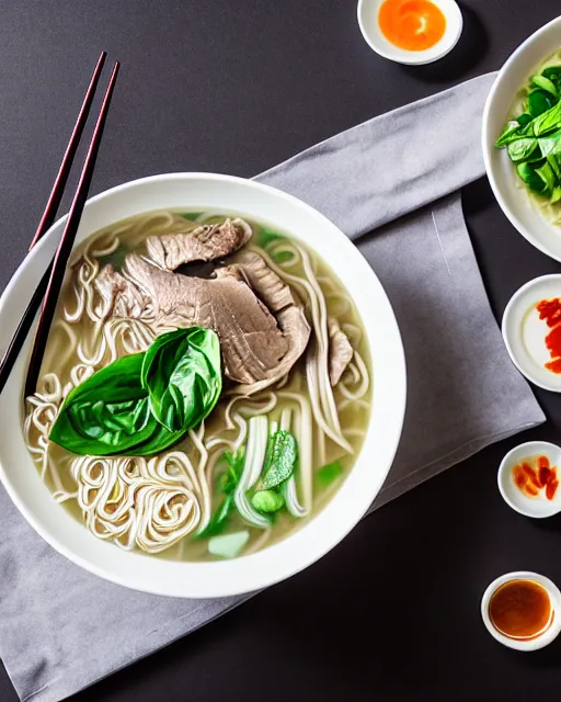 Prompt: realistic photo of delicious pho, ramen, bowl, white kitchen table, ( cloth ), marble, thai basil, highly detailed, by louise lister, sara ali, mary devinat, kailee mandel, masterpiece, award winning, food photography