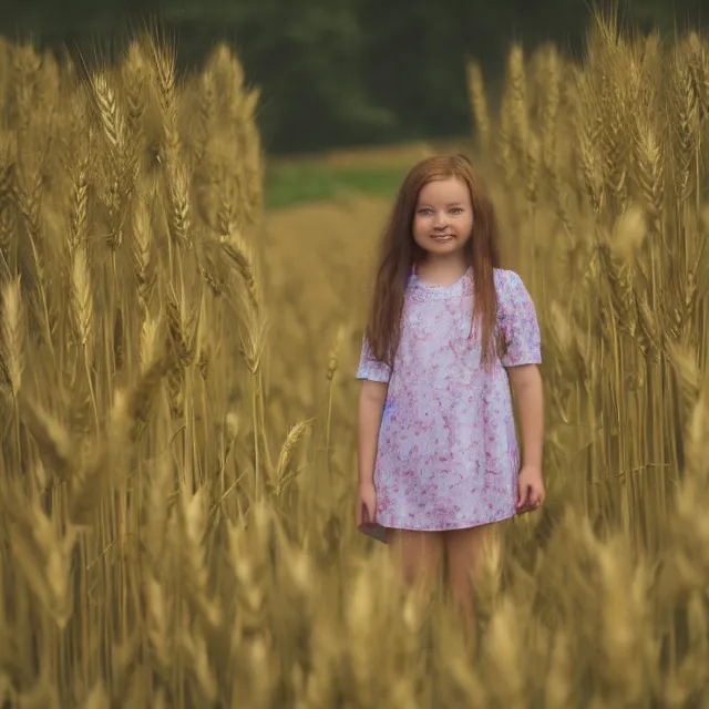 Prompt: A girl standing in a field, facing the wheat field, with the woods behind her