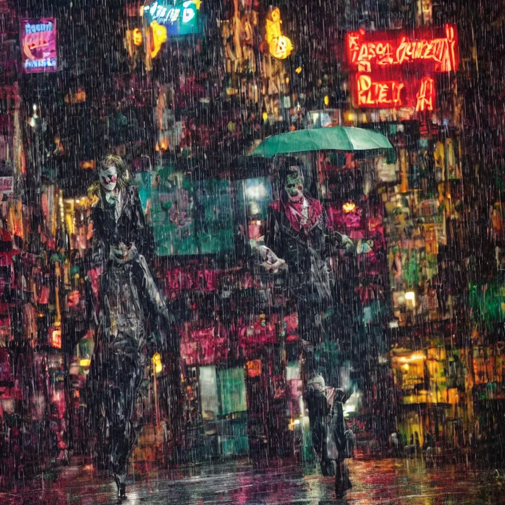 Image similar to flash photography of the joker on the lower east side by annie leibovitz, colorful!!, nighttime!, raining!