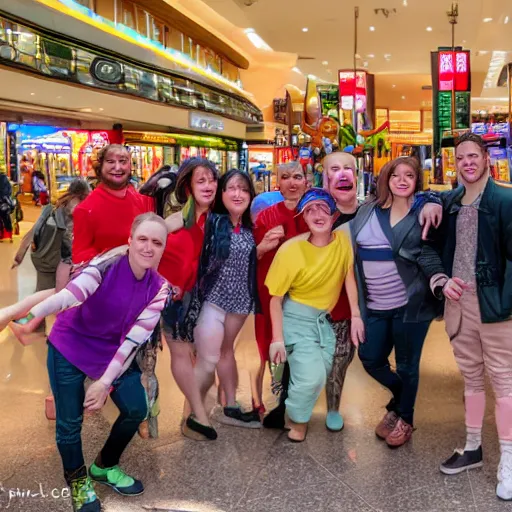 Prompt: An extremely high quality 4k photograph of a group of goblins at the mall, award-winning photo, bright happy atmosphere, fluorescent lighting, 4800K, Deep depth of field, f/22, 35mm