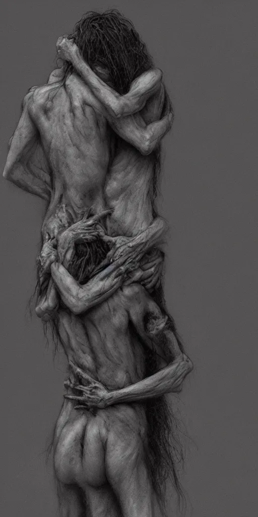 Image similar to death man and women hugging, in the style of keith thompson and zdzislaw beksinski, artstation hd, 8 k, surrealistic digital artwork