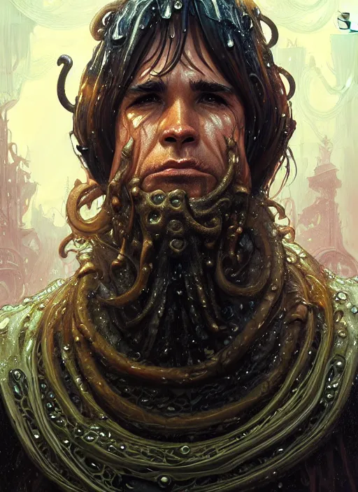 Image similar to portrait of davy jones, d & d, wet, shiny, fantasy, intricate, elegant, highly detailed, digital painting, artstation, concept art, smooth, sharp focus, illustration, art by artgerm and greg rutkowski and alphonse mucha