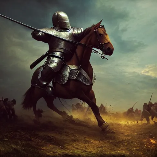 Image similar to an epic painting of a knight on a horse fighting in a battlefield, cinematic shot, incredibly high detailed, 4k image quality, dark atmosphere