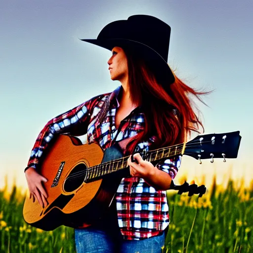 Image similar to a female fluffy fox animal, wearing cowboy hat, wearing plaid shirt, playing guitar, in a field, barn in background, album cover style