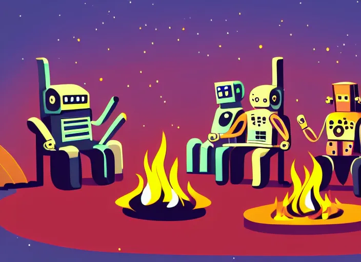 Image similar to 3 artistic robots sitting around a campfire, robots, campfire, chill, campfire song, robots, sitting in a circle