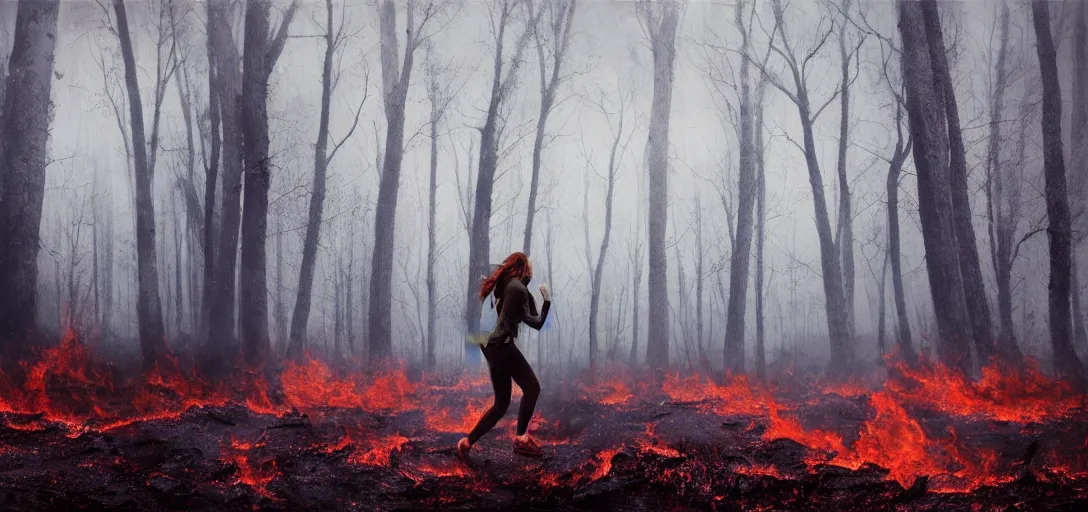 Prompt: a young woman running from a burning forest, red fog on the ground, Bleak. big stones, Dark mood. Mysterious. Doom. Realistic painting. photobashing, matte painting, highly detailed,