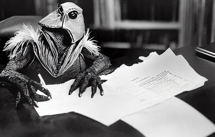 Prompt: dark crystal skeksis signs a bill in oval office, associated press photo, national archives, nineteen eighties, highly detailed, henson puppet, vfx