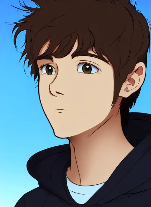 Image similar to teen boy with brown hair and big blue eyes, wearing a black hoodie with cat ears on top of it, natural lighting, path traced, highly detailed, high quality, cartoon, digital painting, by don bluth and ross tran and studio ghibli and alphonse mucha