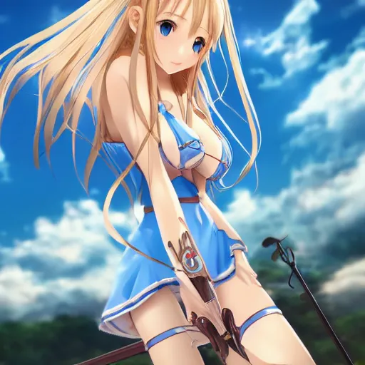 Image similar to a very beautiful mature yuuki asuna, full body, long wavy blond hair, sky blue eyes, full round face, bikini, miniskirt, front view, cute pose, highly detailed, cinematic wallpaper by stanley artgerm lau