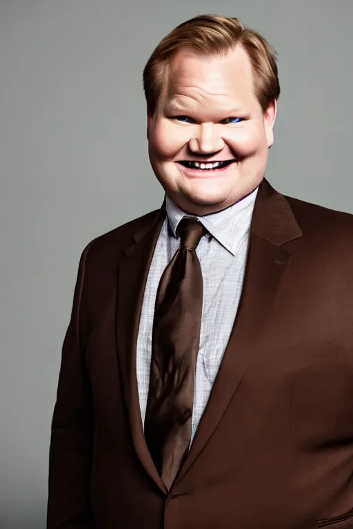 Prompt: andy richter wearing a brown suit and necktie, ultra hd photo, 3 5 mm close up, fish eye, realistic, smiling, holding a black work boot