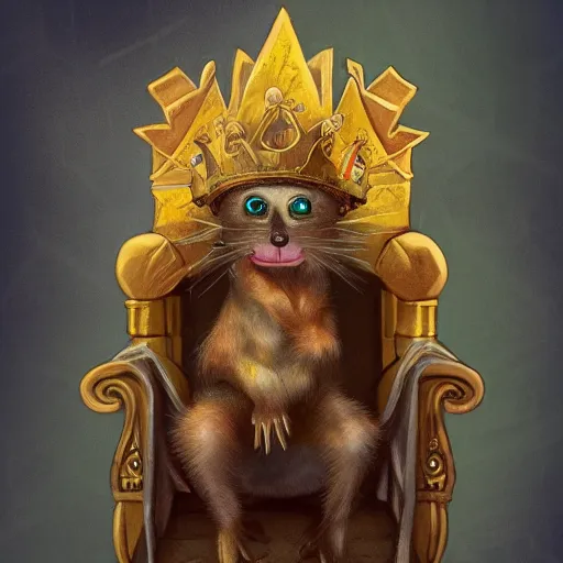 Image similar to a sewer rat wearing a golden crown, on a throne's seat, prize winning, trending on artstation, fantasy illustration, warm tones, comedic, digital art