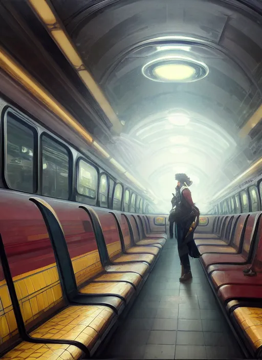 Image similar to perfectly - empty subway train interior, intricate, highly detailed, digital painting, artstation, concept art, smooth, sharp focus, illustration, unreal engine 5, 8 k, art by artgerm and greg rutkowski and alphonse mucha