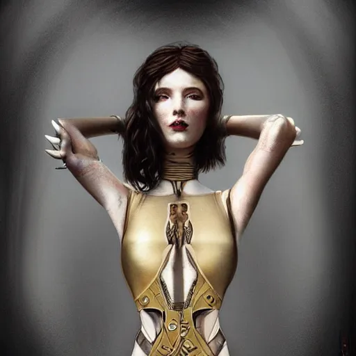 Prompt: Epic cinematic portrait of a very beautiful dollpunk female wearing Abstract tech bodysuit, focus, realistic eyes, symmetric body features proportions, golden ratio, ultra intricate details, award winning, unreal render, by Tom Bagshaw