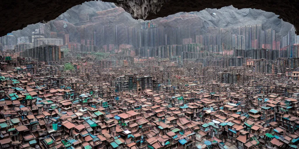 Image similar to Kowloon Walled City in the walls of glacial cavern, snowing, favela, slum